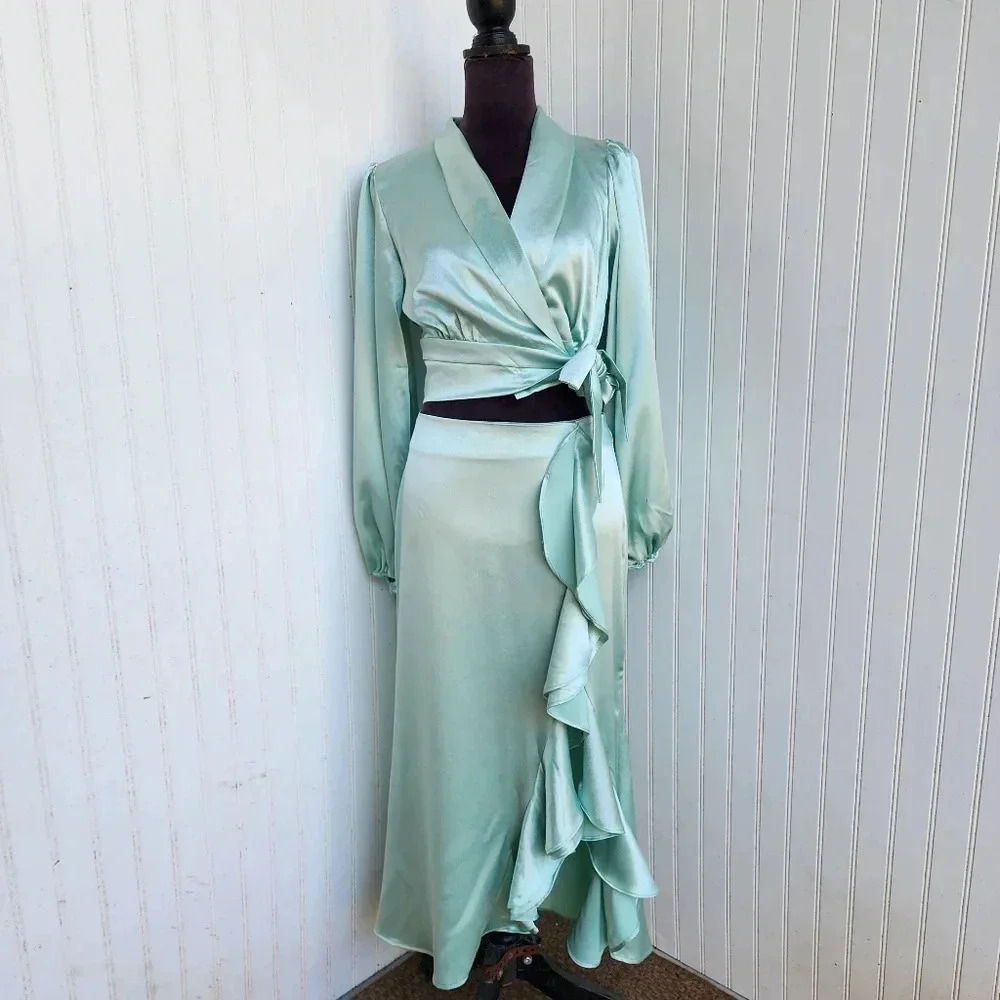 NWT Virgo’s Lounge Crop Top Skirt Cut Out Mint Dress Ruffle Wedding UK10 US Sz 8